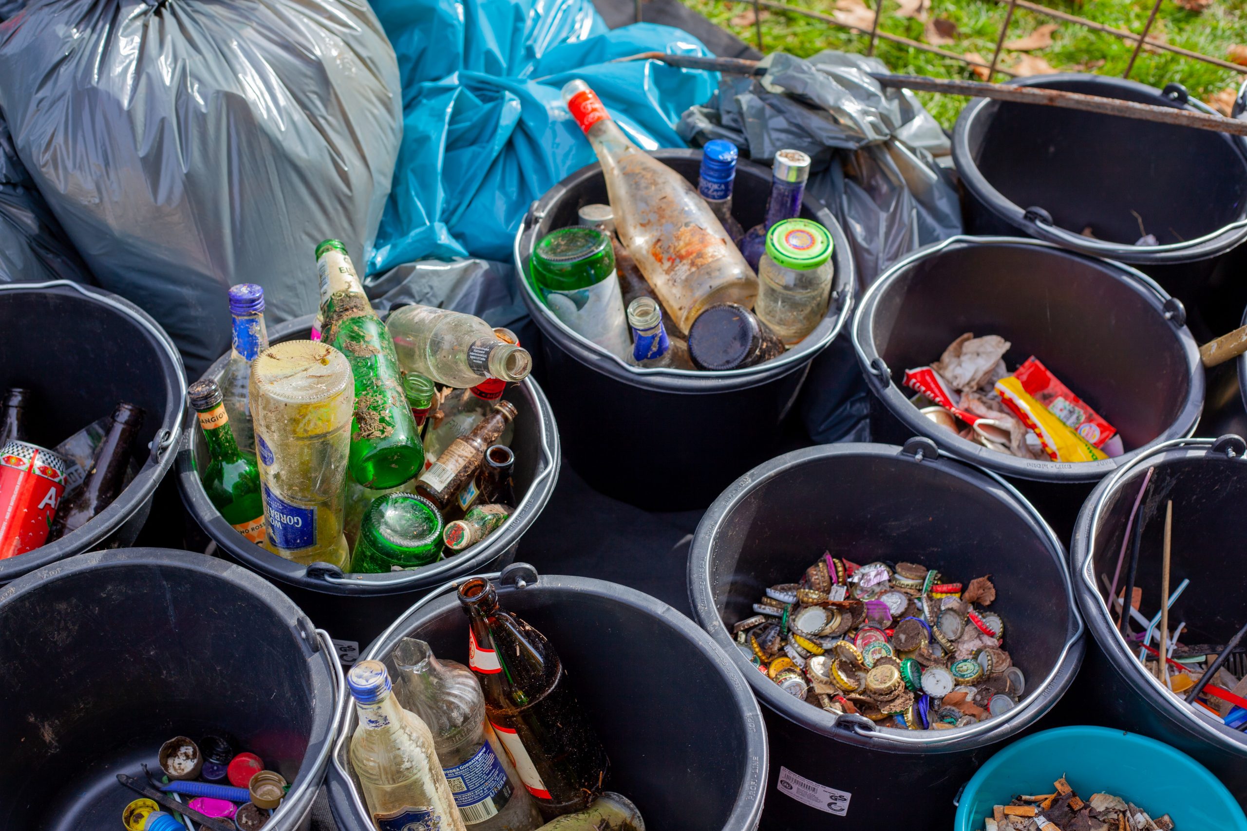 buckets filled with recycled waste